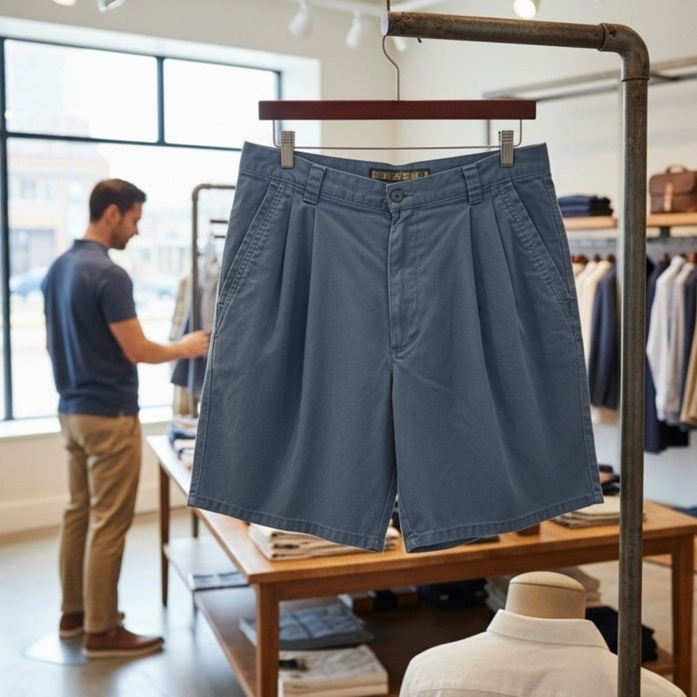 Vintage Bugle Boy Chino Shorts Men's 32 Blue Pleated Regular Fit Hiking Outdoor